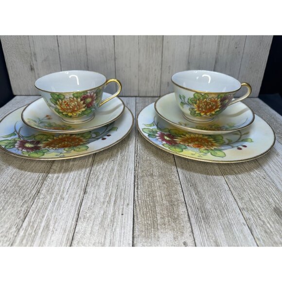 Vintage Shofu China Tea Cups & Saucers Floral Design Gold Rim Japan - Set of 2 - Picture 1 of 10